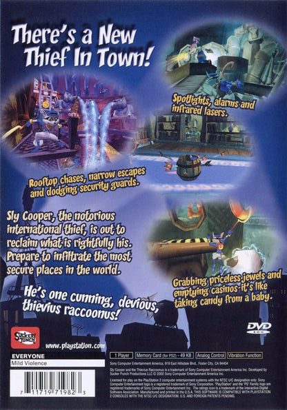 Sly Cooper and the Thievius Raccoonus – PlayStation 2 (PS2) video game back of case, action-platformer game.