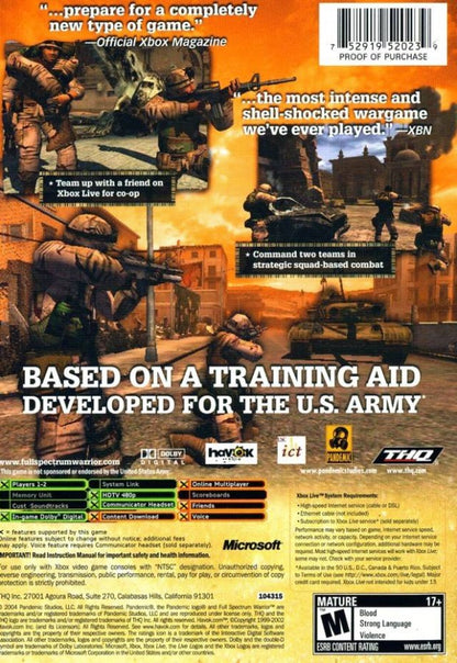 Full Spectrum Warrior back cover art for Xbox (XBOX) video game