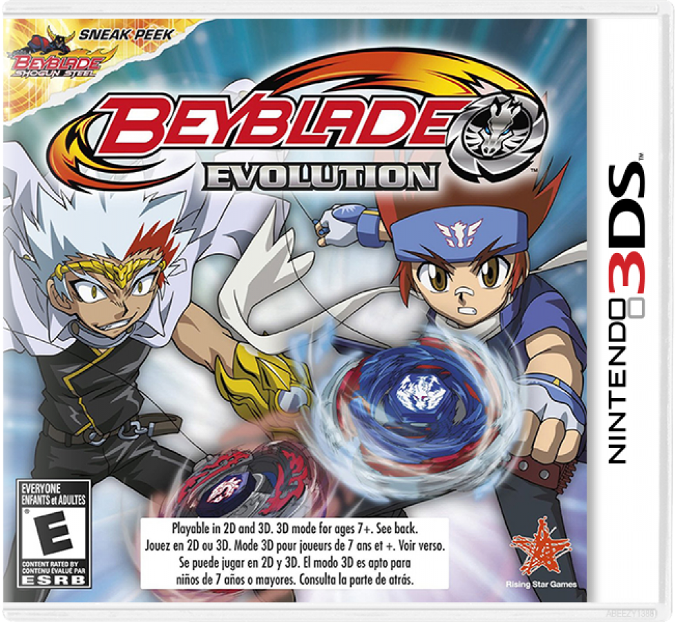Beyblade: Evolution cover art for Nintendo 3DS (3DS). A motion‑focused Beyblade battle game for Nintendo 3DS, featuring precision launch mechanics and fast arena duels built around the system’s unique controls.
