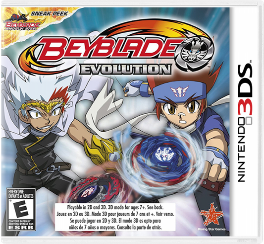 Beyblade: Evolution cover art for Nintendo 3DS (3DS). A motion‑focused Beyblade battle game for Nintendo 3DS, featuring precision launch mechanics and fast arena duels built around the system’s unique controls.
