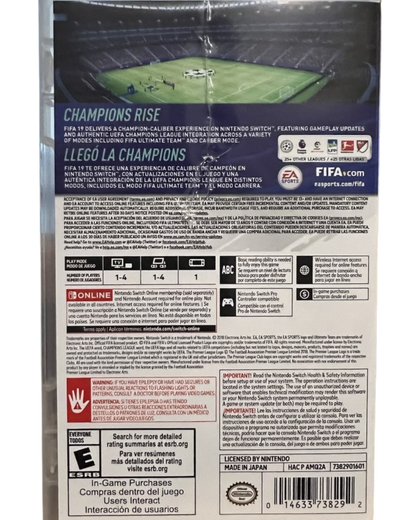 FIFA 19 Nintendo Switch video game, soccer sports simulation, realistic gameplay, multiplayer modes, console title back cover
