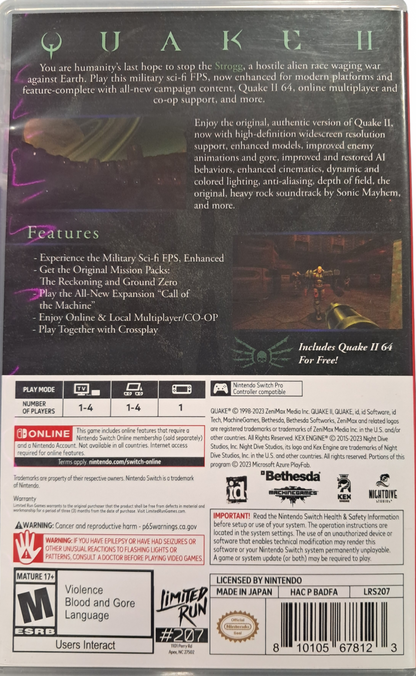 Quake II Nintendo Switch inspired design featuring sci fi first person shooter aesthetic futuristic military combat hostile alien Strogg forces fast paced action intense weapons based gameplay classic arena shooter revival modern enhanced presentation gameplay 