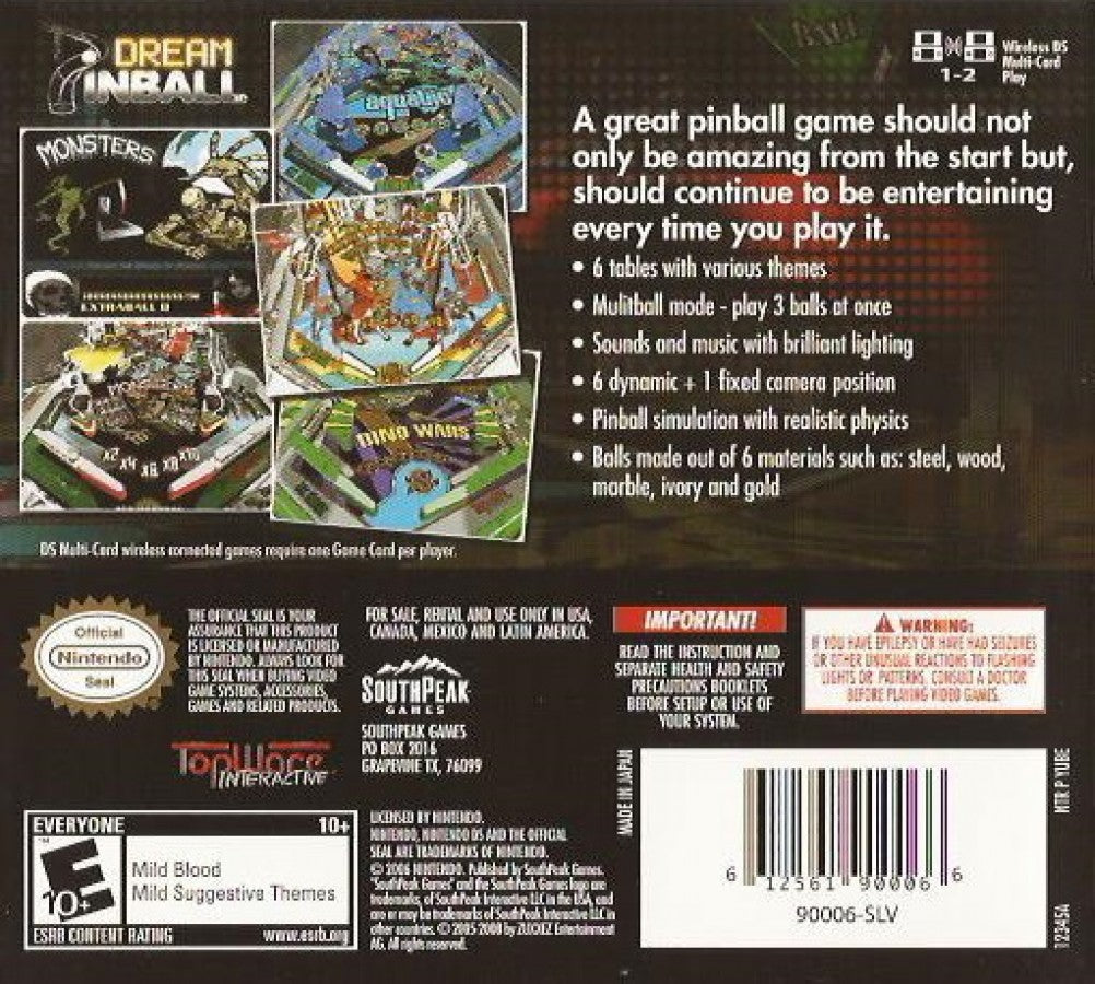 Dream Pinball 3D back of case for Nintendo DS (DS) pinball simulation video game