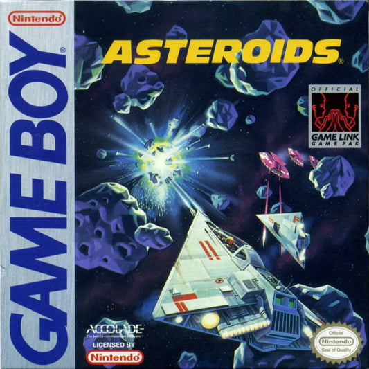 Asteroids classic arcade shooter for Game Boy featuring spaceship navigation asteroid destruction high score chasing and retro pixel graphics gameplay front cover