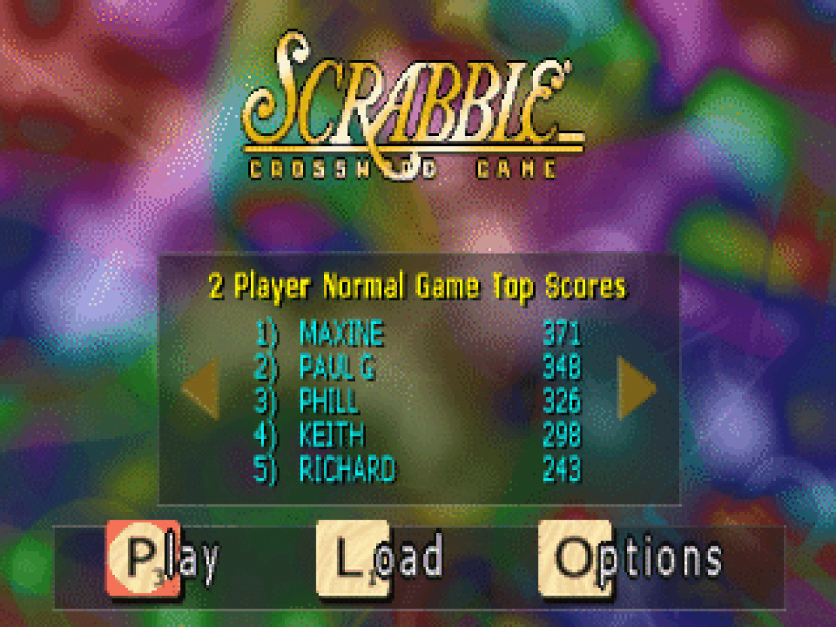 Scrabble title page for PlayStation 1 (PS1) board game puzzle video game