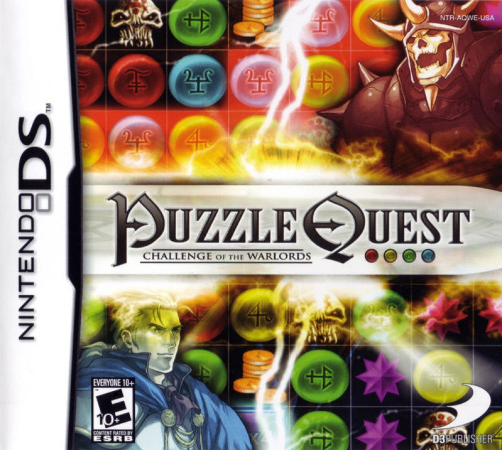 Puzzle Quest Challenge of the Warlords Nintendo DS game featuring match three puzzle RPG gameplay with turn based battles character progression quests and strategic gem matching in a fantasy adventure world cover