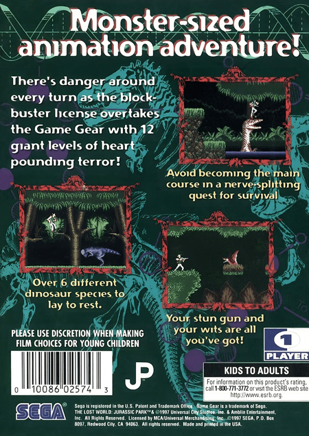 The Lost World Jurassic Park back cover art for Sega Game Gear (GG) video game