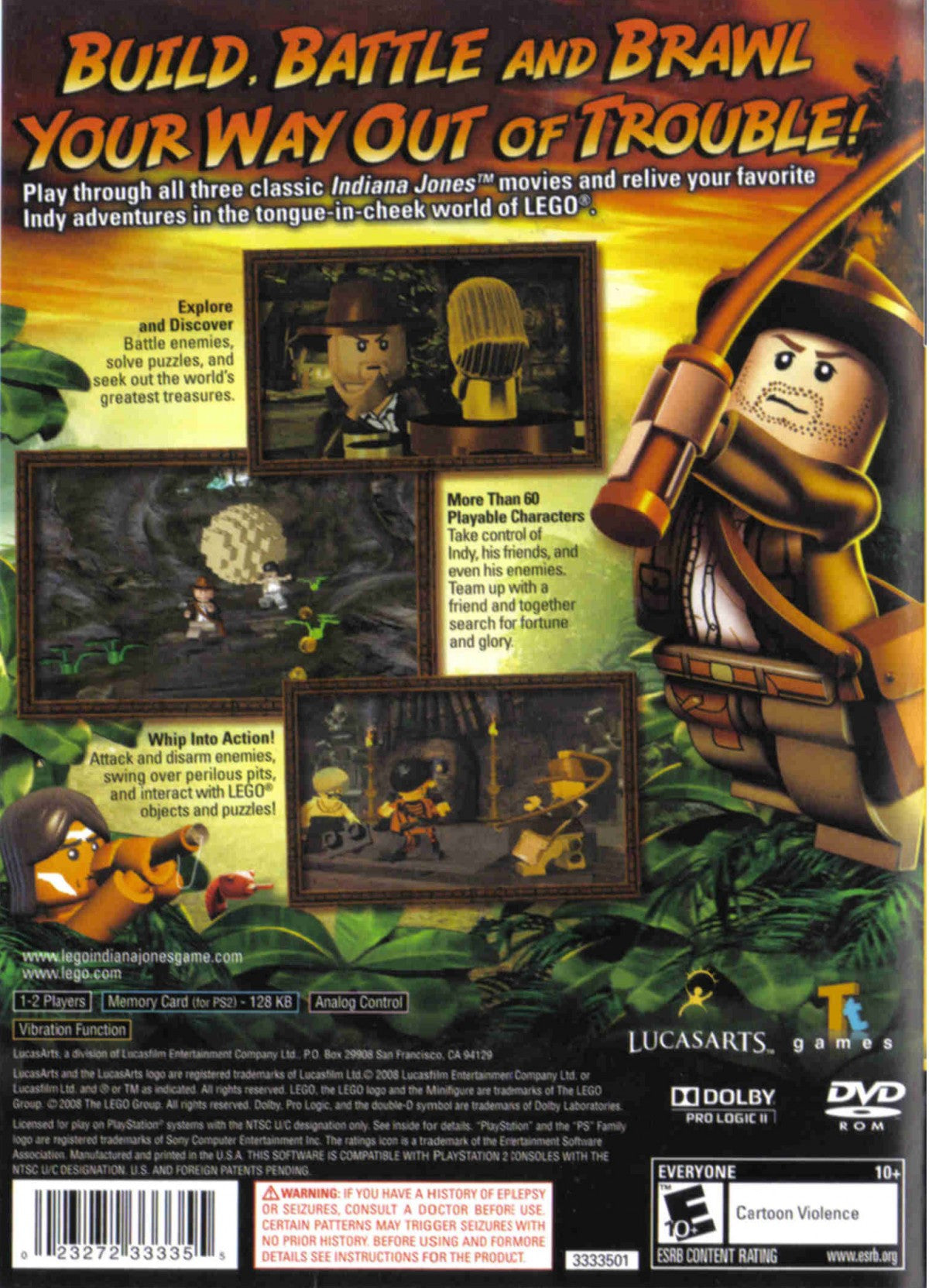 LEGO Indiana Jones The Original Adventures PlayStation 2 PS2 video game, action adventure, LEGO-style gameplay, movie tie-in, family-friendly title back cover