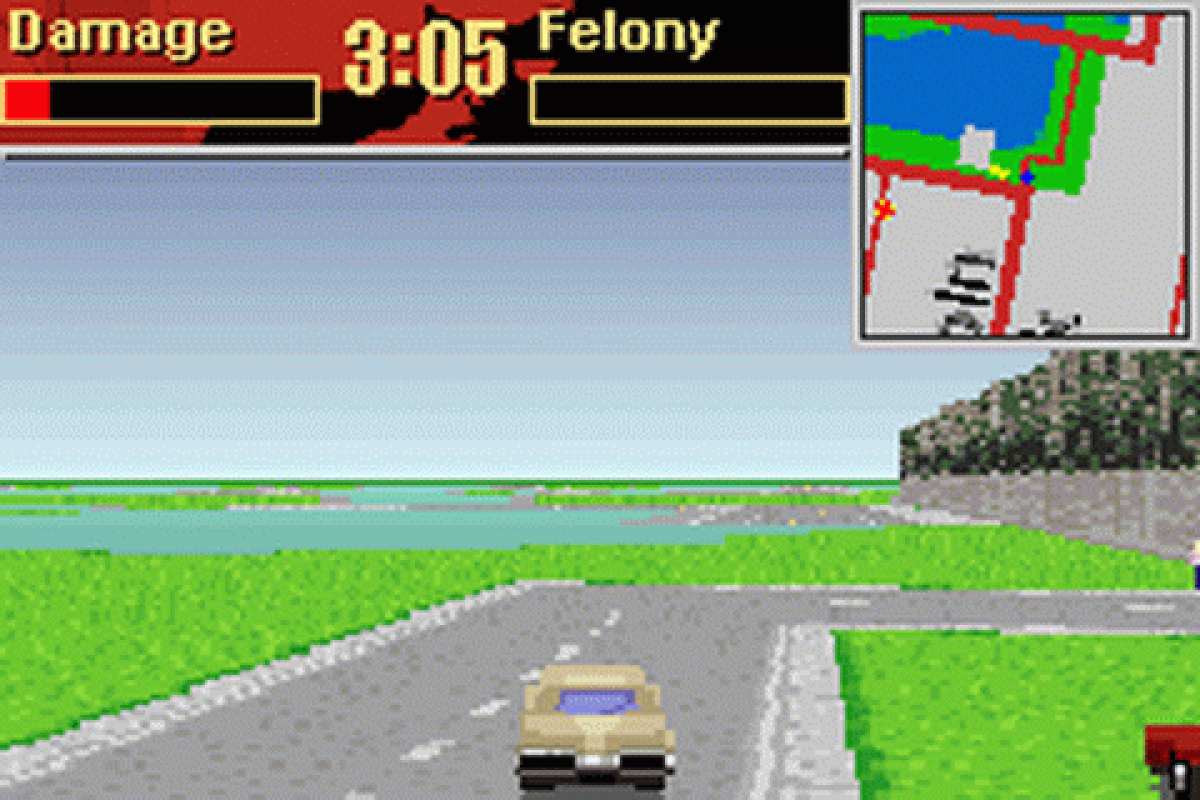 Driver 2 Advance for Game Boy Advance, gameplay for an action driving video game with mission-based gameplay, open city environments, vehicle chases, and crime-themed challenges