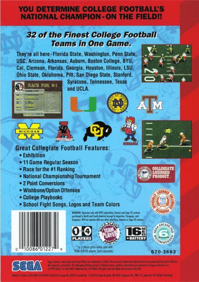 College Football's National Championship back cover art for Sega Genesis (GEN) video game