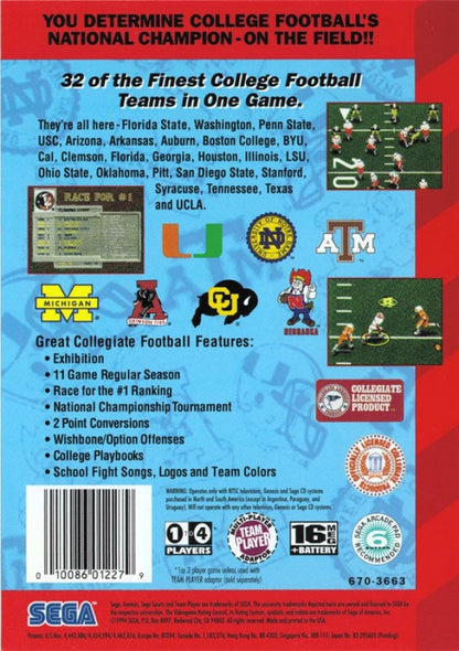 College Football's National Championship back cover art for Sega Genesis (GEN) video game
