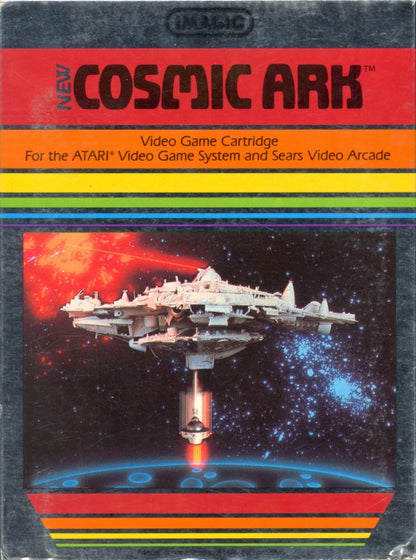 Cosmic Ark retro Atari 2600 video game featuring space shooter gameplay, alien combat missions, sci fi arcade action and classic Atari entertainment - front cover
