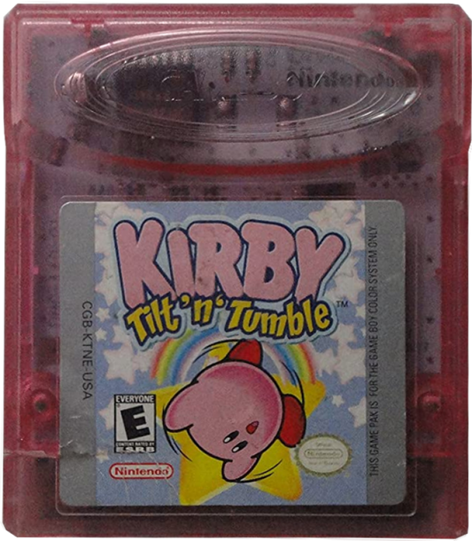 Kirby Tilt 'n' Tumble cartridge for the Game Boy Color featuring tilt controlled platforming gameplay with motion based puzzles collectible items and colorful levels starring Kirby cartridge