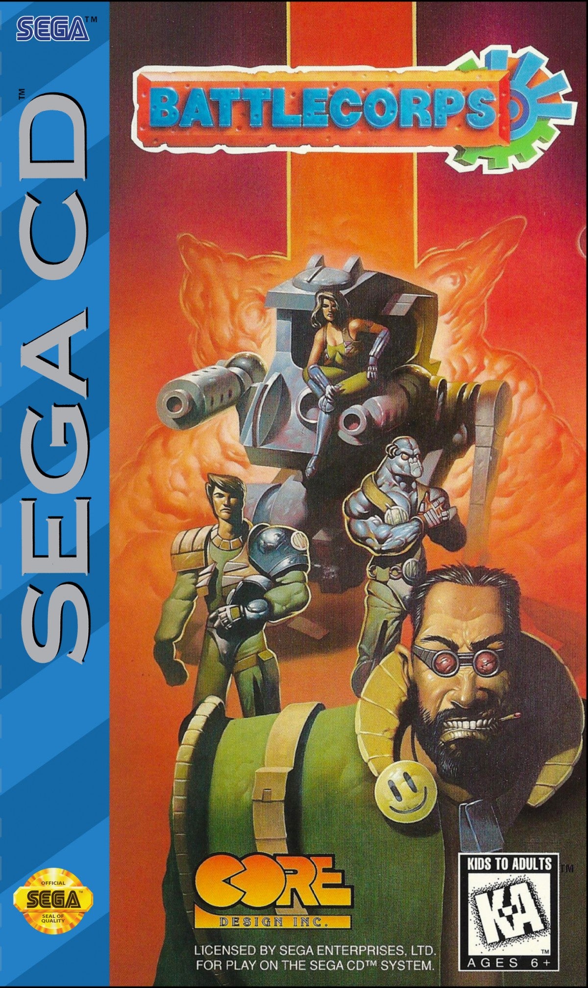 Battlecorps Sega CD side scrolling mech shooter sci fi action game giant robot combat military missions futuristic battlefield shooting platforming elements fast paced arcade gameplay Psygnosis retro gaming Sega CD software video game title cover art