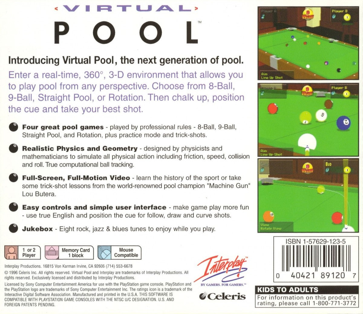 Virtual Pool PlayStation 1 PS1 video game, realistic billiards simulation, cue sports gameplay, classic console title back cover