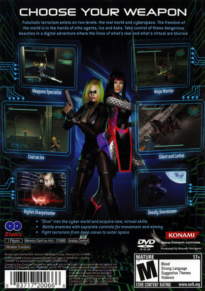 Cy Girls PS2 Sony PlayStation 2 action stealth game cyber espionage female protagonists Ice and Aska infiltration missions martial arts combat gadgets dual character gameplay anime style spy thriller retro gaming PlayStation 2 software video game title back cover art