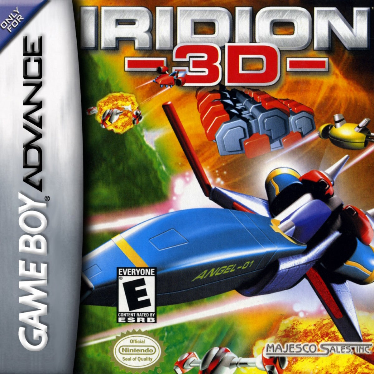 Iridion 3D Game Boy Advance GBA video game featuring futuristic shoot em up gameplay 3D space environments spaceship combat enemy waves power ups challenging levels boss battles and classic handheld action retro video game collection collectible gaming appeal cover art 