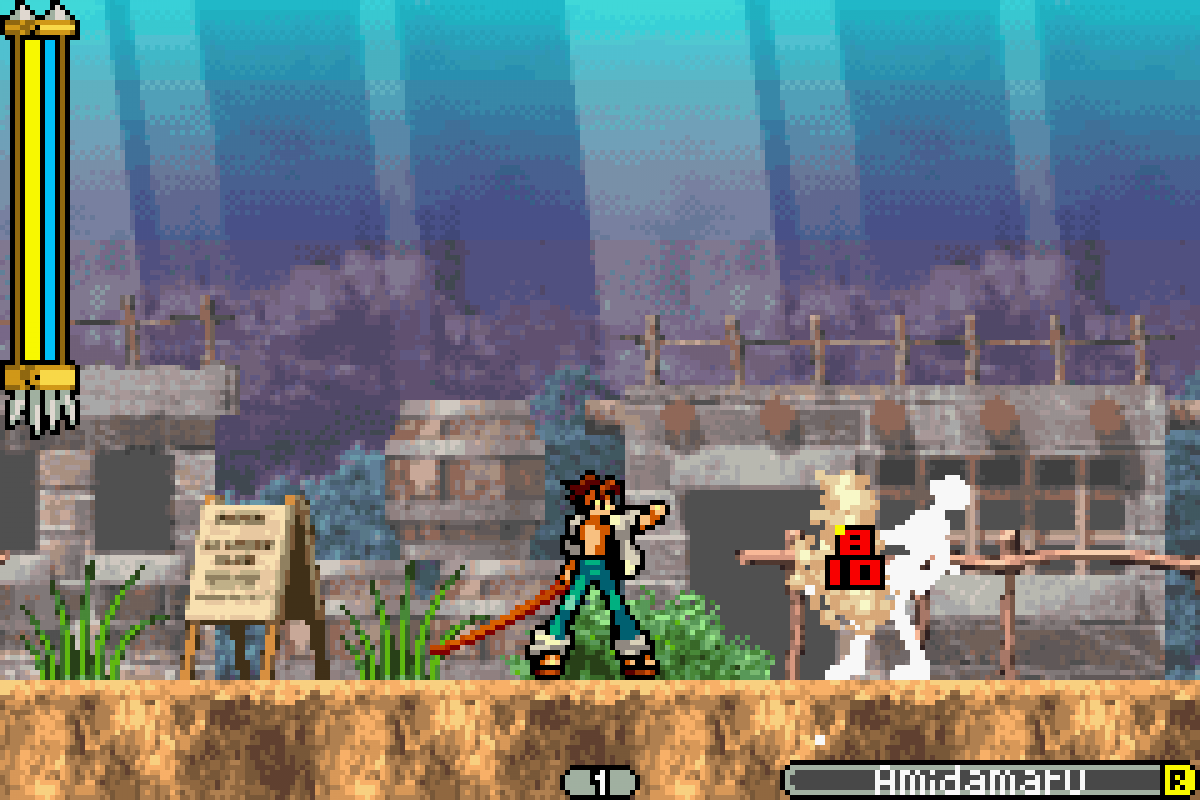 Shaman King Master of Spirits 2 for Game Boy Advance (GBA), gameplay for a retro video game featuring action platforming gameplay, spirit-based combat, anime-inspired storyline, character progression, and side-scrolling adventure
