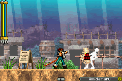 Shaman King Master of Spirits 2 for Game Boy Advance (GBA), gameplay for a retro video game featuring action platforming gameplay, spirit-based combat, anime-inspired storyline, character progression, and side-scrolling adventure