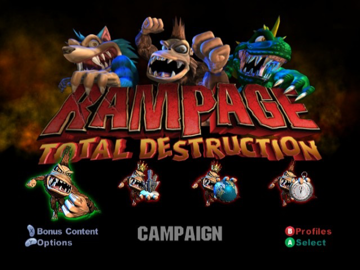 Rampage: Total Destruction start screen for Nintendo GameCube (GC) monster fighting action video game