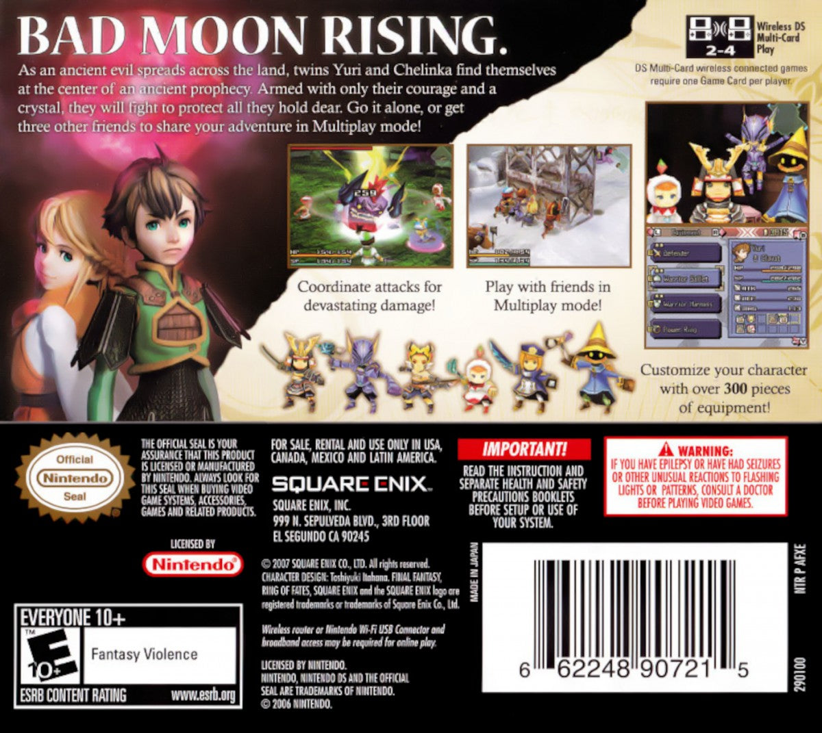 Final Fantasy Crystal Chronicles Ring of Fates game for the Nintendo DS featuring action RPG gameplay with real time combat multiplayer co op and a story driven fantasy adventure with twin protagonists exploring magical worlds back cover art