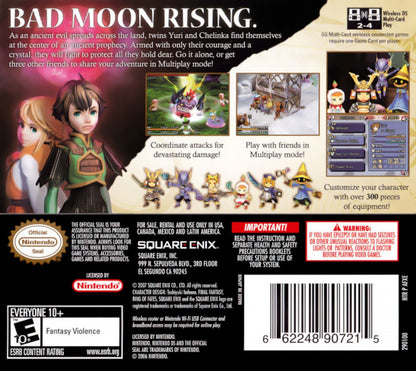 Final Fantasy Crystal Chronicles Ring of Fates game for the Nintendo DS featuring action RPG gameplay with real time combat multiplayer co op and a story driven fantasy adventure with twin protagonists exploring magical worlds back cover art