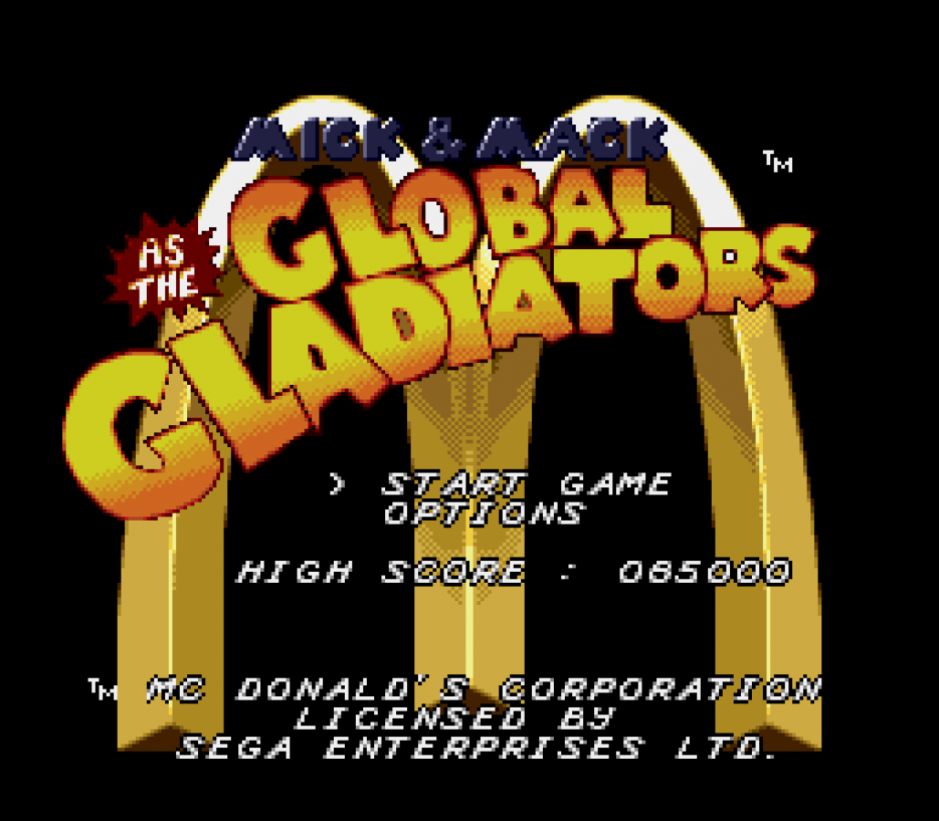 Mick and Mack as the Global Gladiators Sega Genesis retro video game action platformer title screen (1992)