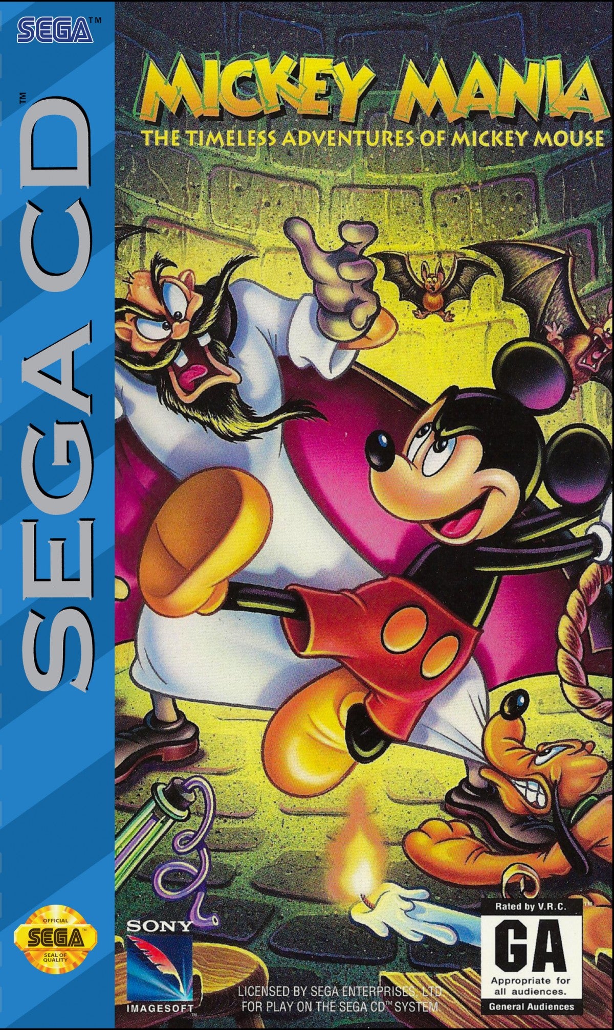 Mickey Mania Sega CD Sega Genesis Disney platformer starring Mickey Mouse animated cartoon inspired levels side scrolling action puzzle platforming enhanced CD audio FMV intro classic Disney gameplay retro gaming Sega CD software video game title cover art
