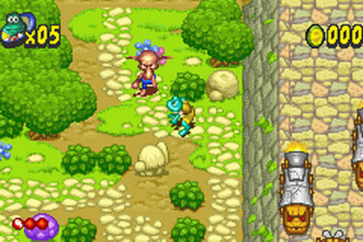 Frogger’s Adventures Temple of the Frog for Game Boy Advance (GBA), gameplay for a retro video game featuring action-adventure platforming gameplay, puzzle-solving challenges, fantasy environments, and classic character-based exploration