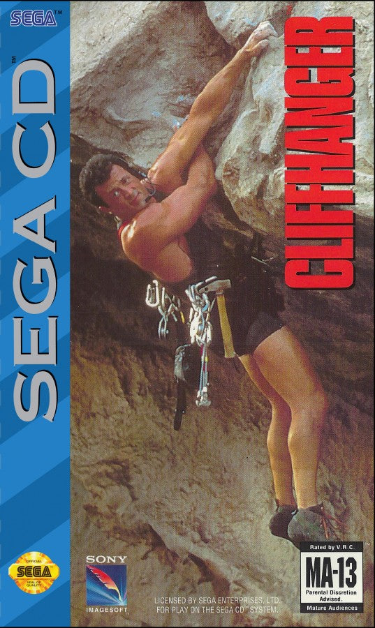 Cliffhanger Sega CD action platformer movie tie in based on Sylvester Stallone film mountain climbing combat survival missions side scrolling gameplay rock climbing hazards fighting enemies cinematic presentation retro gaming Sega CD software video game title cover art