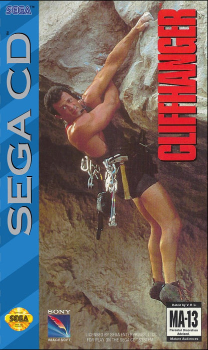 Cliffhanger Sega CD action platformer movie tie in based on Sylvester Stallone film mountain climbing combat survival missions side scrolling gameplay rock climbing hazards fighting enemies cinematic presentation retro gaming Sega CD software video game title cover art