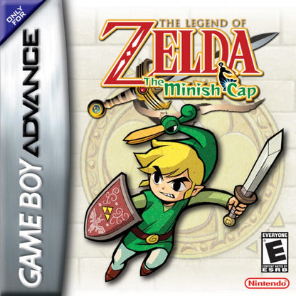 The Legend of Zelda The Minish Cap Game Boy Advance cover art for retro video game featuring action adventure gameplay, top down exploration, magical shrinking mechanic, puzzle solving dungeons, fantasy world Hyrule quests, and classic portable Zelda adventure on GBA system