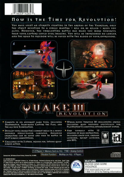 Quake III Revolution PS2 Sony PlayStation 2 first person shooter FPS arena combat multiplayer deathmatch fast paced shooting id Software port rocket jumping sci fi weapons retro gaming PlayStation 2 software video game title back cover art
