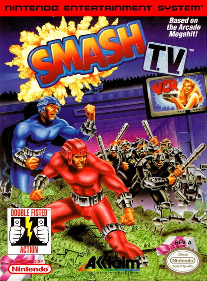 Smash TV cartridge for the Nintendo Entertainment System featuring 8 bit top down twin stick shooter action with intense arcade style gameplay futuristic arenas and hordes of enemies front cover