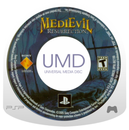 MediEvil Resurrection PlayStation Portable PSP inspired design featuring gothic action adventure aesthetic skeletal knight hero Sir Daniel Fortesque undead kingdom exploration hack and slash combat darkly humorous storytelling and spooky medieval fantasy presentation cartridge