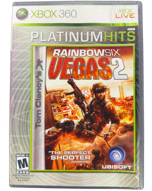 Rainbow Six Vegas 2 Platinum Hits for Xbox 360 tactical first person shooter video game featuring team based counterterrorism missions cooperative multiplayer cover based combat and immersive Tom Clancy strategy driven gameplay experience cover art