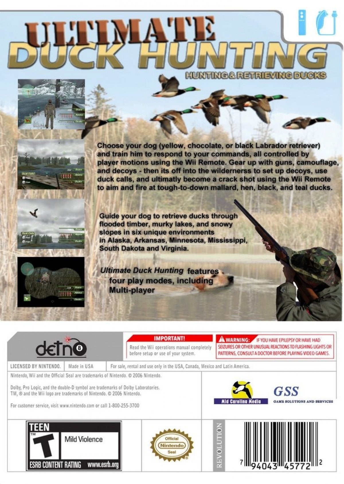 Ultimate Duck Hunting retro Nintendo Wii video game featuring hunting simulation gameplay, shooting challenges, outdoor sports action and classic Wii entertainment - back of case