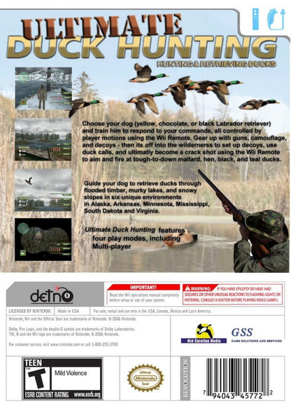 Ultimate Duck Hunting retro Nintendo Wii video game featuring hunting simulation gameplay, shooting challenges, outdoor sports action and classic Wii entertainment - back of case