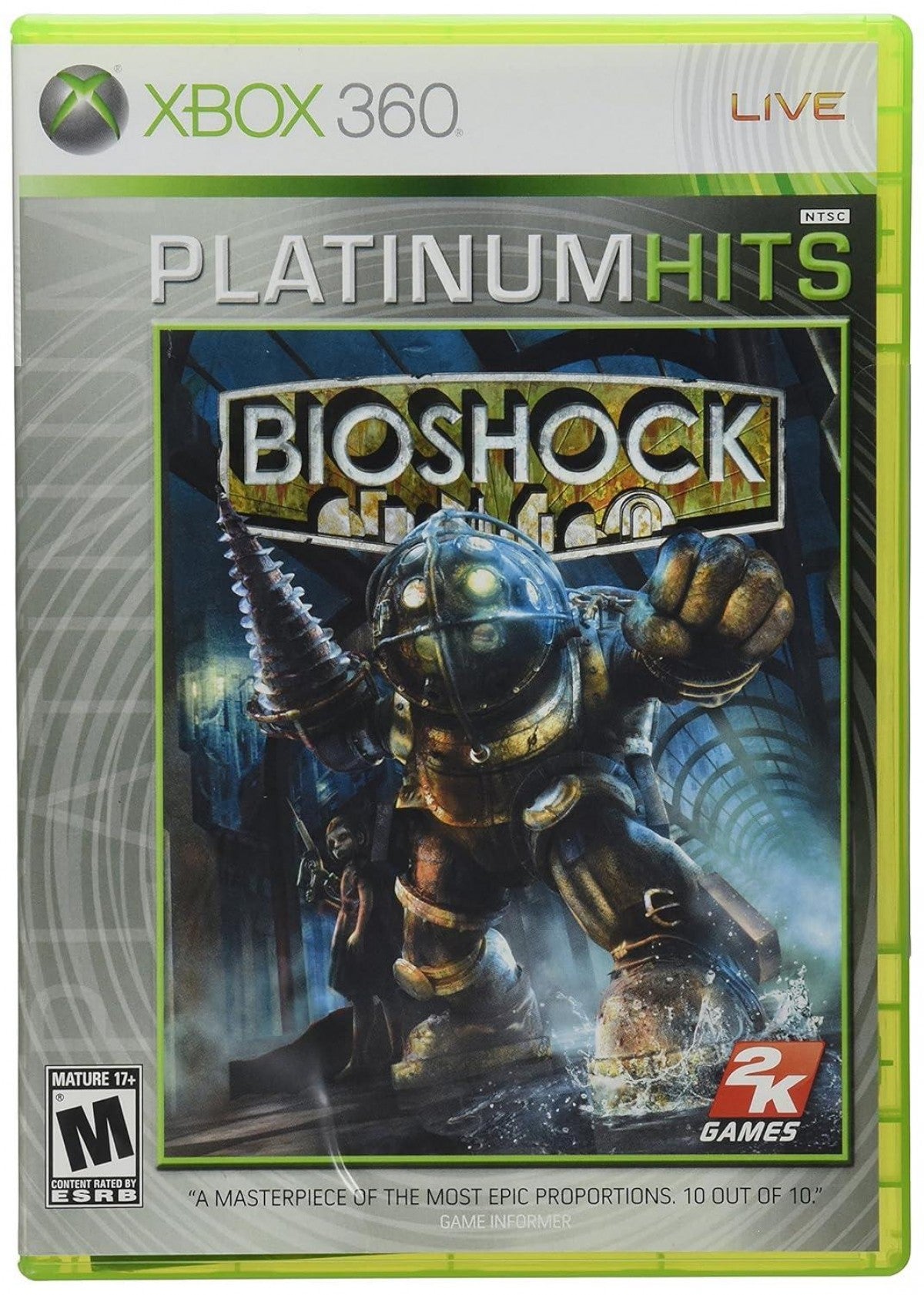 BioShock [Platinum Hits] for Xbox 360 (X360) at Gamers INC, featuring the award-winning first-person masterpiece that plunges you into the decaying underwater utopia of Rapture, where you use genetically modifying Plasmids and salvaged weaponry to survive a dark, atmospheric story of philosophy and betrayal in a budget-friendly Platinum Hits edition front cover 