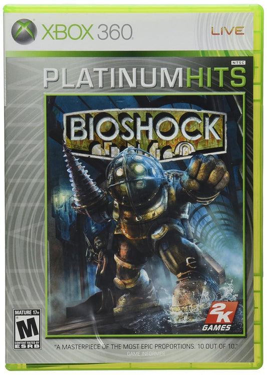 BioShock [Platinum Hits] for Xbox 360 (X360) at Gamers INC, featuring the award-winning first-person masterpiece that plunges you into the decaying underwater utopia of Rapture, where you use genetically modifying Plasmids and salvaged weaponry to survive a dark, atmospheric story of philosophy and betrayal in a budget-friendly Platinum Hits edition front cover 