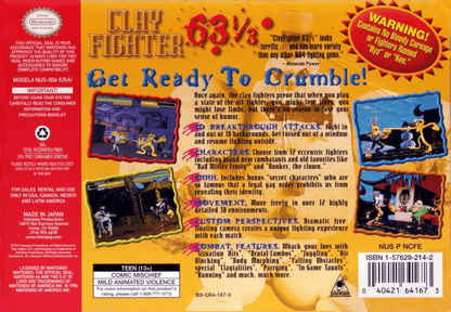 Clay Fighter 63 1/3 back cover art for Nintendo 64 N64 video game