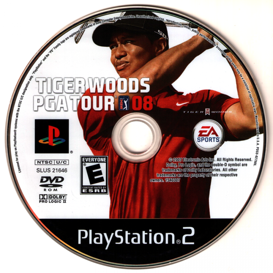 Tiger Woods PGA Tour 08 – PlayStation 2 (PS2) video game disc, golf sports simulation.