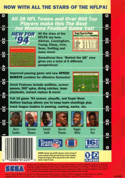 NFL Football 94 Starring Joe Montana back cover art for Sega Genesis (GEN) video game