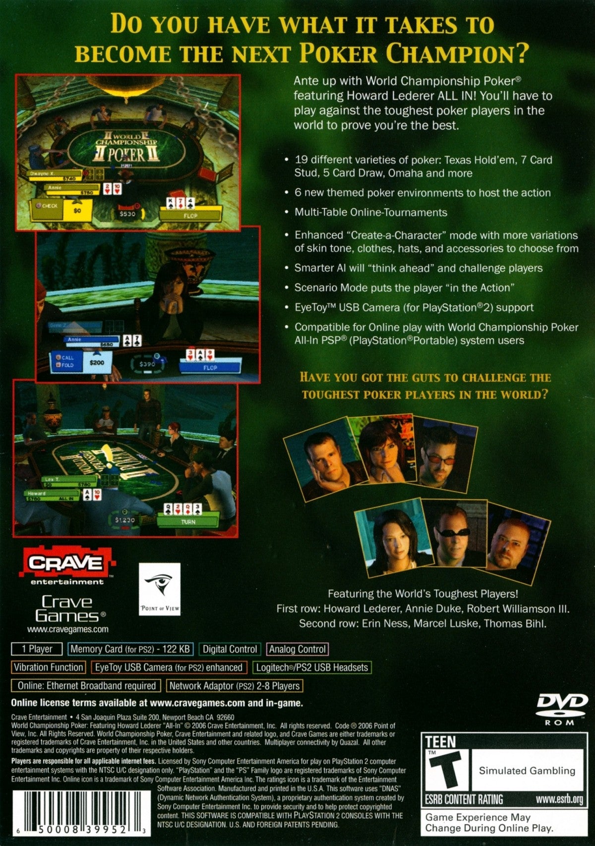 World Championship Poker: Featuring Howard Lederer – All In for PlayStation 2 poker card game featuring Texas Hold em tournaments casino style gameplay multiplayer modes career mode back cover