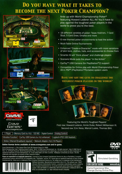 World Championship Poker: Featuring Howard Lederer – All In for PlayStation 2 poker card game featuring Texas Hold em tournaments casino style gameplay multiplayer modes career mode back cover