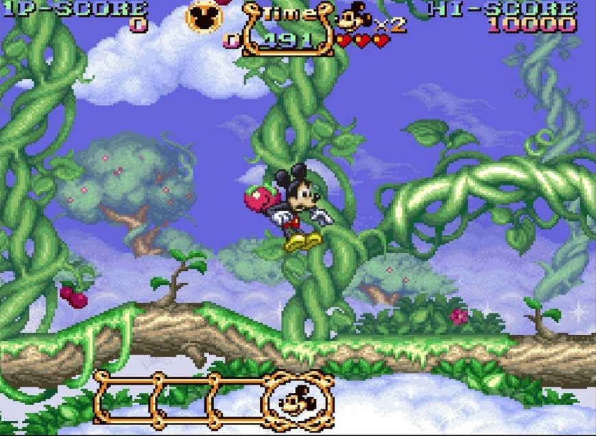 Retro Magical Quest Starring Mickey Mouse SNES inspired design featuring classic Disney platform adventure aesthetic colorful side scrolling gameplay whimsical fantasy worlds charming cartoon visuals Capcom action platformer nostalgic Super Nintendo presentation gameplay