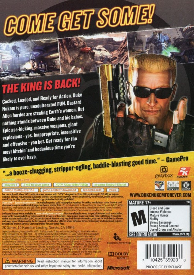 Duke Nukem Forever back of case for Xbox 360 (X360) first-person shooter video game