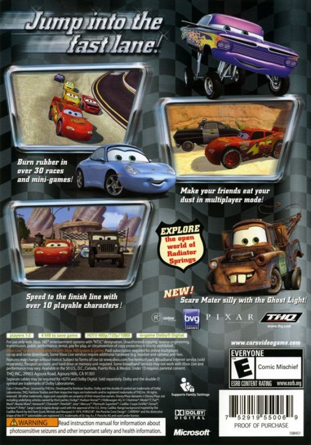 Disney Pixar Cars back of case for Xbox 360 (X360) racing video game