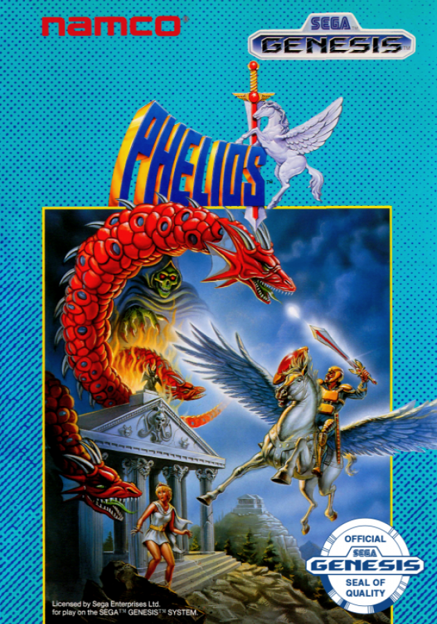 Phelios Sega Genesis vertical shoot-em-up Greek mythology theme Apollo arrows ascending temple stages mythological beasts and gods cover art