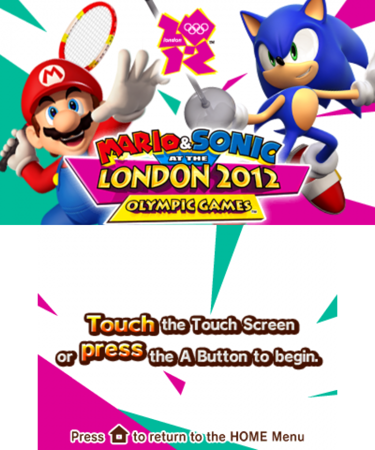 Mario and Sonic at the London 2012 Olympic Games start screen for Nintendo 3DS (3DS) video game